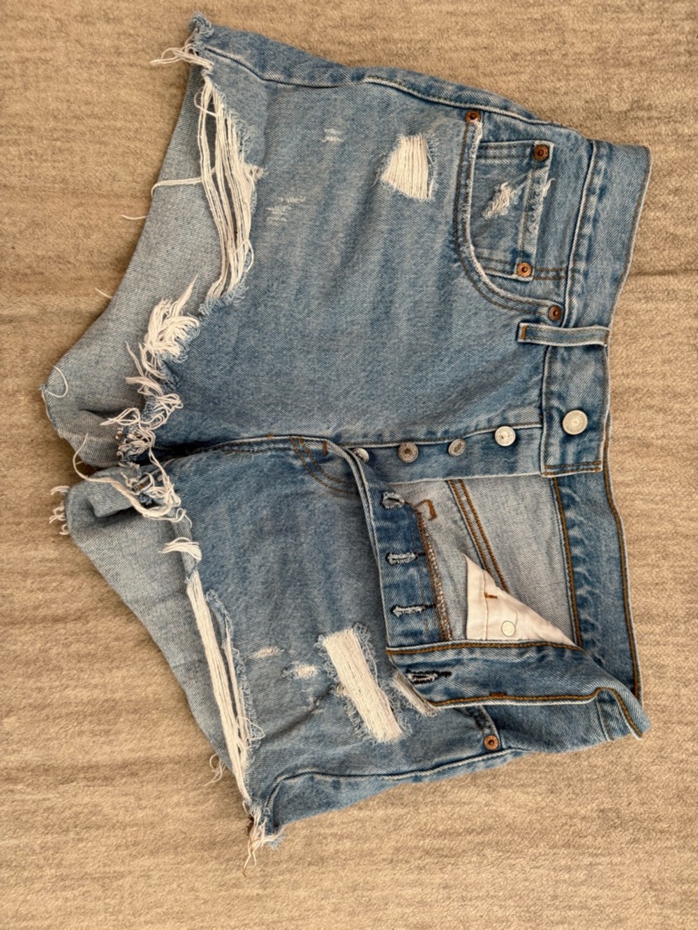 Levi's 501 Light Blue Distressed High Waist Denim Shorts